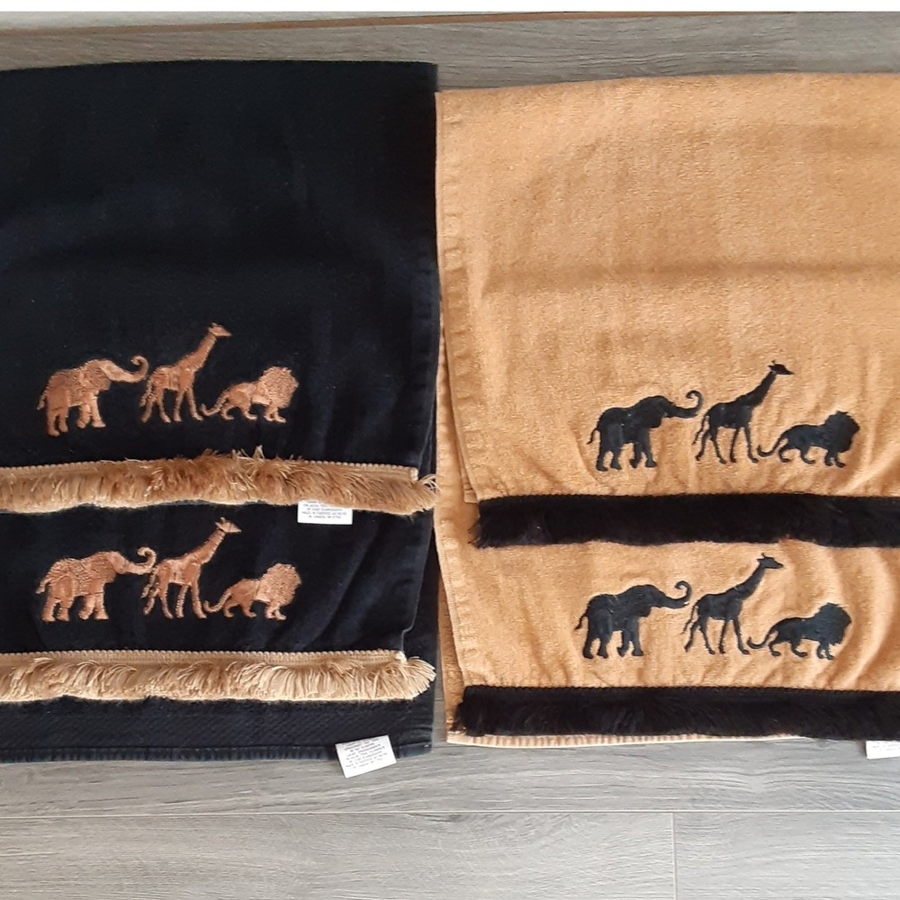 Avanti Safari Hand Towels Set 4 Elephant Giraffe Lion Black Tan Cotton